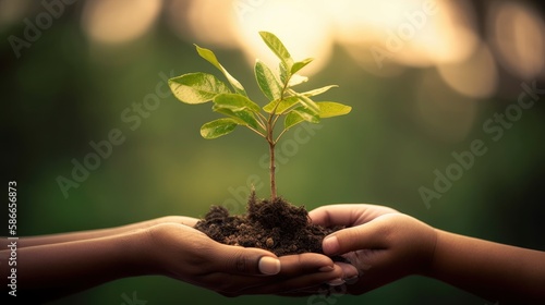 Two hands holding a small plant with the word tree on it. Generative AI