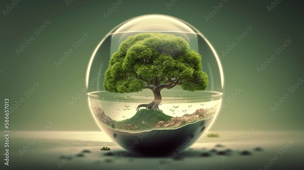 A glass ball with a tree inside. Generative AI A glass ball with a tree inside. Generative AI