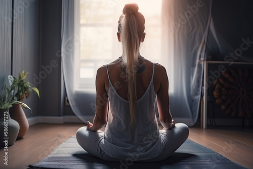 Woman sitting in yoga lotus pose and her connection to meditative space, a back view, Generative AI