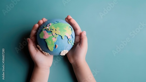 Hands holding a globe with a map of the world on it. Generative AI