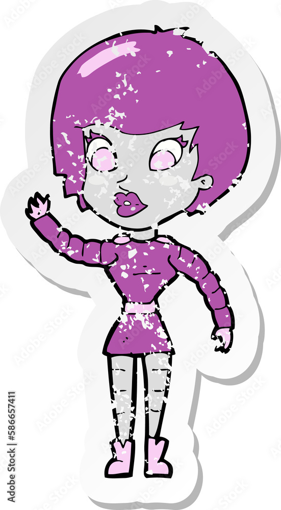 retro distressed sticker of a cartoon robot woman waving retro distressed sticker of a cartoon robot woman waving