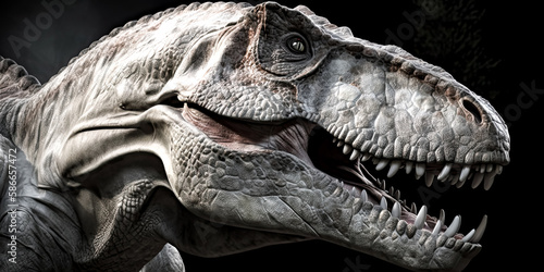 A Dramatic image of a grey T-Rex stands, its powerful frame and sharp features illuminated in the light. - generative ai