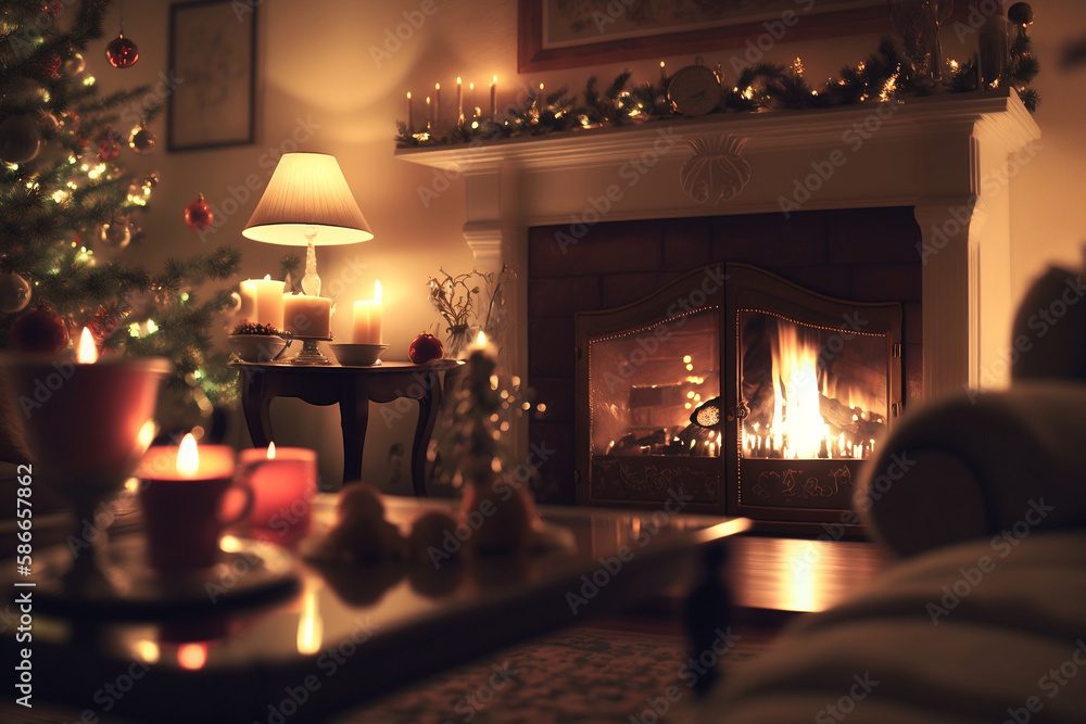 Cozy Christmas living room, decorated for Christmas, Generative AI