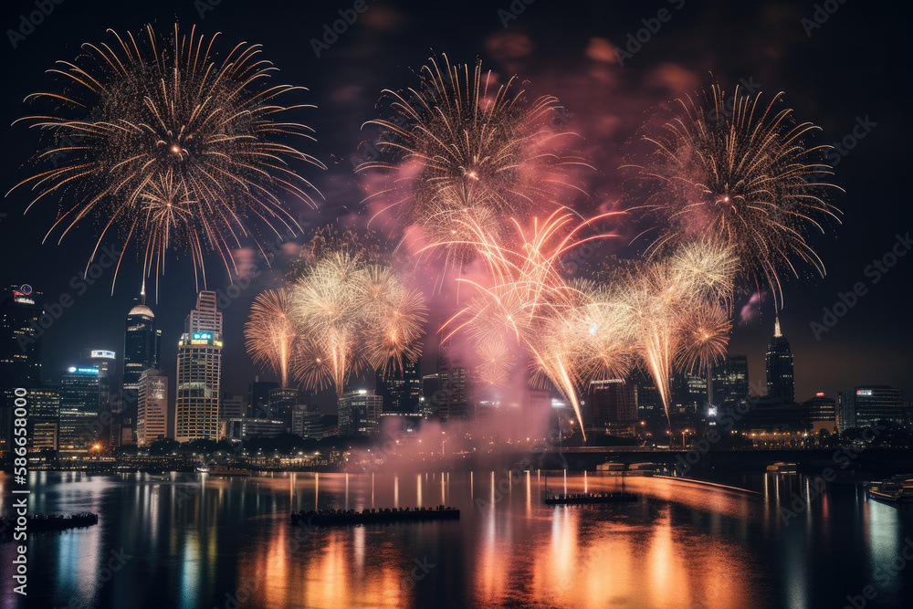 Fireworks over the river with city in the background created with AI