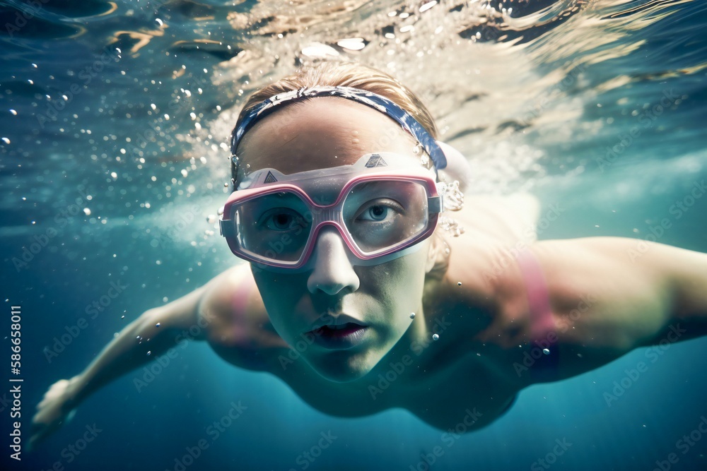 Underwater close-up of a female swimmer, made with help of Generative AI