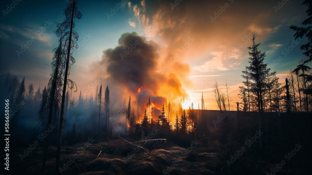 Raging fire in the forest with huge flames and thick smoke