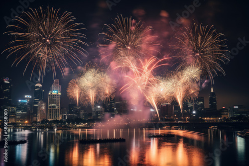 Fireworks over the river with city in the background created with AI