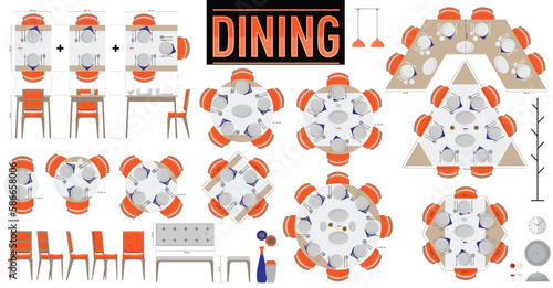 Dining Tables in Different Shapes and Sizes in Scale. Plan and Elevation Drawings For Interior Architectural Projects. 