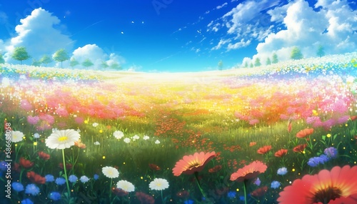Anime style landscape, meadow full of flowers, blue sky, fluffy clouds, Generative AI © Pixel My Heart