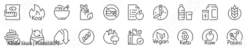 Line icons about Diets and nutrition. Thin line icon set. Symbol collection in transparent background. Editable vector stroke. 512x512 Pixel Perfect.
