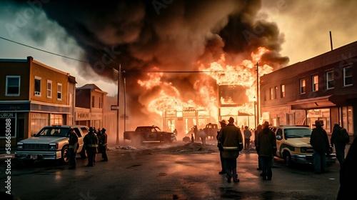 Old building burning in a fierce fire with thick smoke and huge flames, firefighters in action, created with help of Creative Ai © Bartlomiej