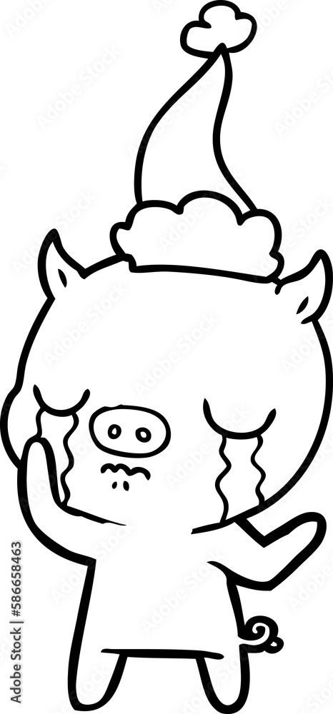 line drawing of a pig crying wearing santa hat line drawing of a pig crying wearing santa hat