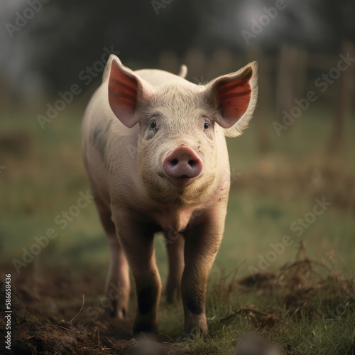 Un cochon rose dans un champ