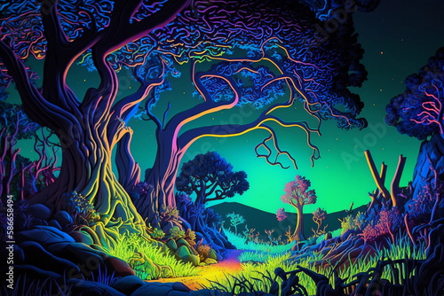 Colorful psychedelic landscape, vivid colors, Generative AI