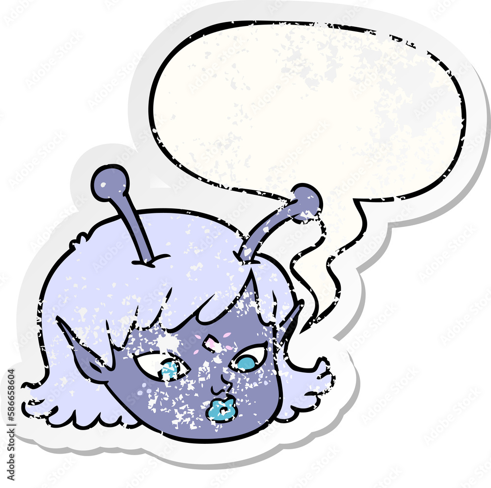 cartoon alien space girl face and speech bubble distressed sticker cartoon alien space girl face and speech bubble distressed sticker