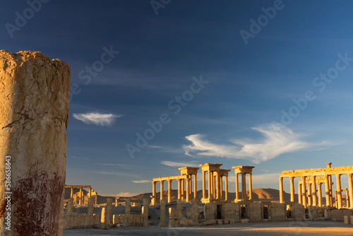 Beautiful view of the ruins in the desert of Syria, Palmyra at sunset. Palmyra before the war December 1, 2010.