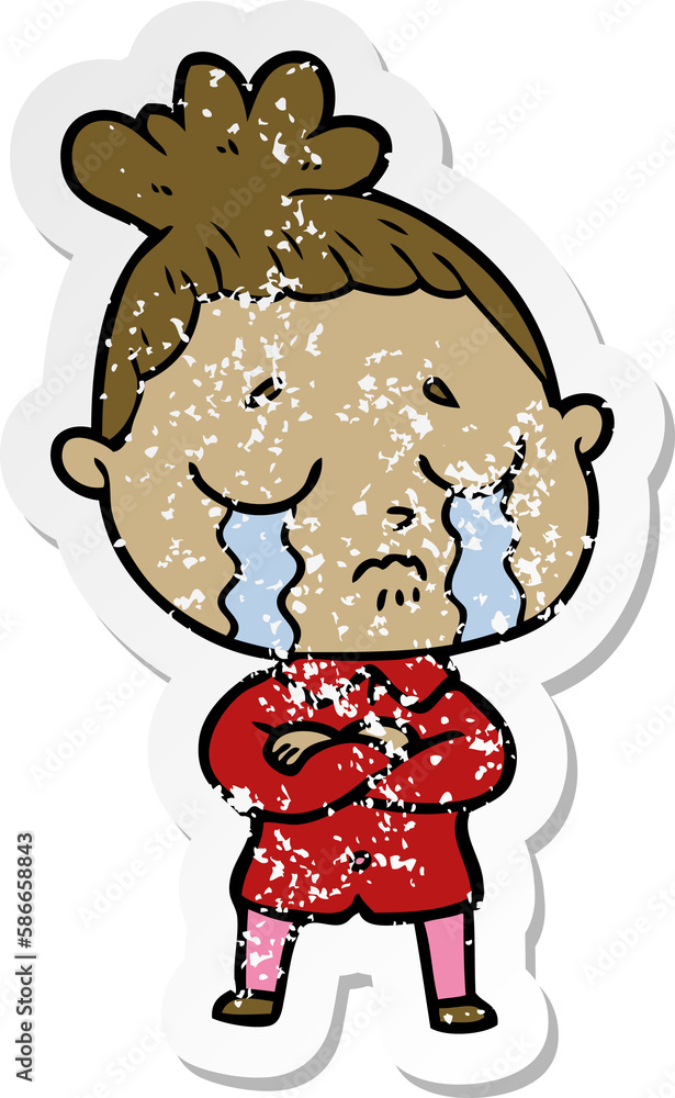 distressed sticker of a cartoon crying woman distressed sticker of a cartoon crying woman