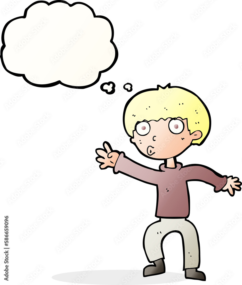 cartoon boy waving warning with thought bubble cartoon boy waving warning with thought bubble