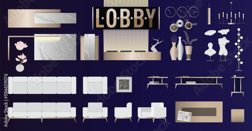 Luxury Hotel Lobby Design Furniture Set with Plan and Side Elevation Views