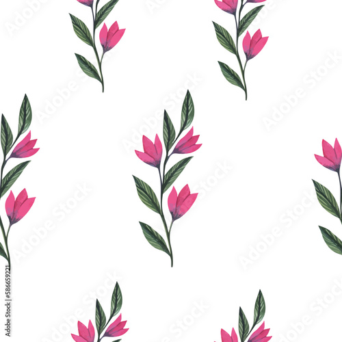 Seamless floral print. Vector floral pattern with watercolor flowers and leaves. Spring botanical illustration