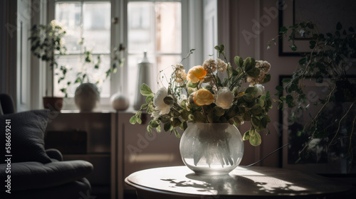 Flowers in interior. Illustration Generative AI © olegganko