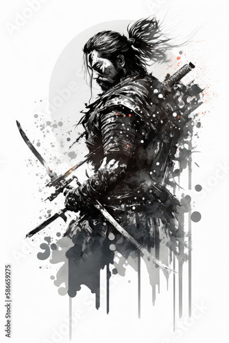 Sumi-e samurai equipped with a sword, Generative AI