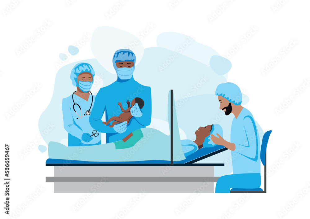 The doctor and nurses perform a caesarean section under epidural anesthesia. Surgery. Obstetrics and gynecology. Thanks to the doctors and nurses. Partner childbirth. Birth of a child. vector illustra The doctor and nurses perform a caesarean section under epidural anesthesia. Surgery. Obstetrics and gynecology. Thanks to the doctors and nurses. Partner childbirth. Birth of a child. vector illustra