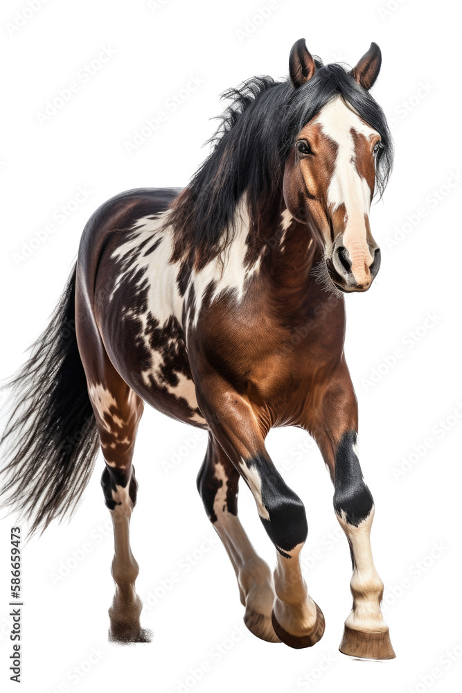 Obraz premium an isolated paint quarter horse running, side view portrait, equestrian-themed photorealistic illustration on a transparent background cutout in PNG, Generative AI