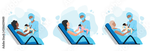 A pregnant woman gives birth to a child in a maternity hospital. Obstetrics and gynecology. Birth of a child. Thank you doctors and nurses. Set vector illustration on abstract minimalistic background.
