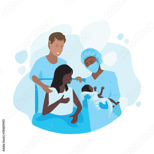 A pregnant woman gives birth to a baby in a maternity hospital. Partner childbirth. Thanks to the doctors and nurses. Vector  illustration on an abstract minimalistic background.