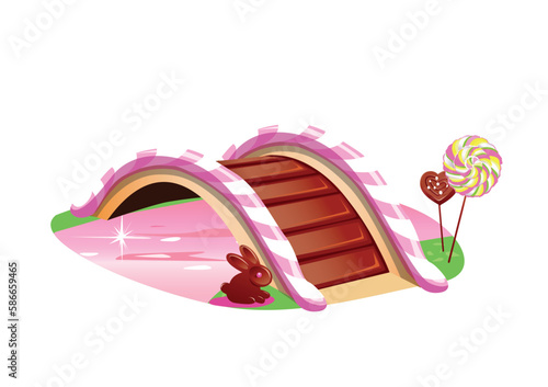 Sweet milk chocolate bridge and candy cane railing. Bridge to candy country. Delicious dessert. Cartoon style. Vector illustration isolated on white background.