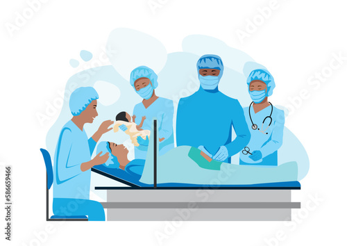 The doctor and nurses perform a caesarean section under epidural anesthesia. Surgery. Obstetrics and gynecology. Thanks to the doctors and nurses. Partner childbirth. Birth of a child. vector illustra
