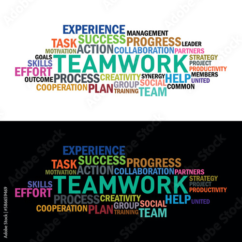 Teamwork Typography Illustration with  Black & White Background, Modern Word Cloud Text Using Office, Newspaper, Backdrop, Cards, Banners, 
