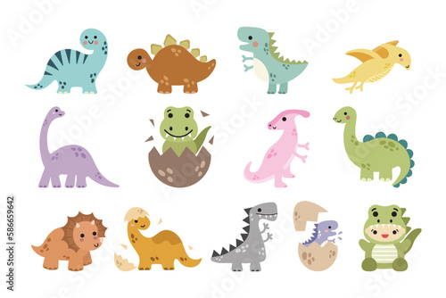 Fototapeta Naklejka Na Ścianę i Meble -  Cute dinosaurs flat design vector illustration. Dinosaurs element illustration.