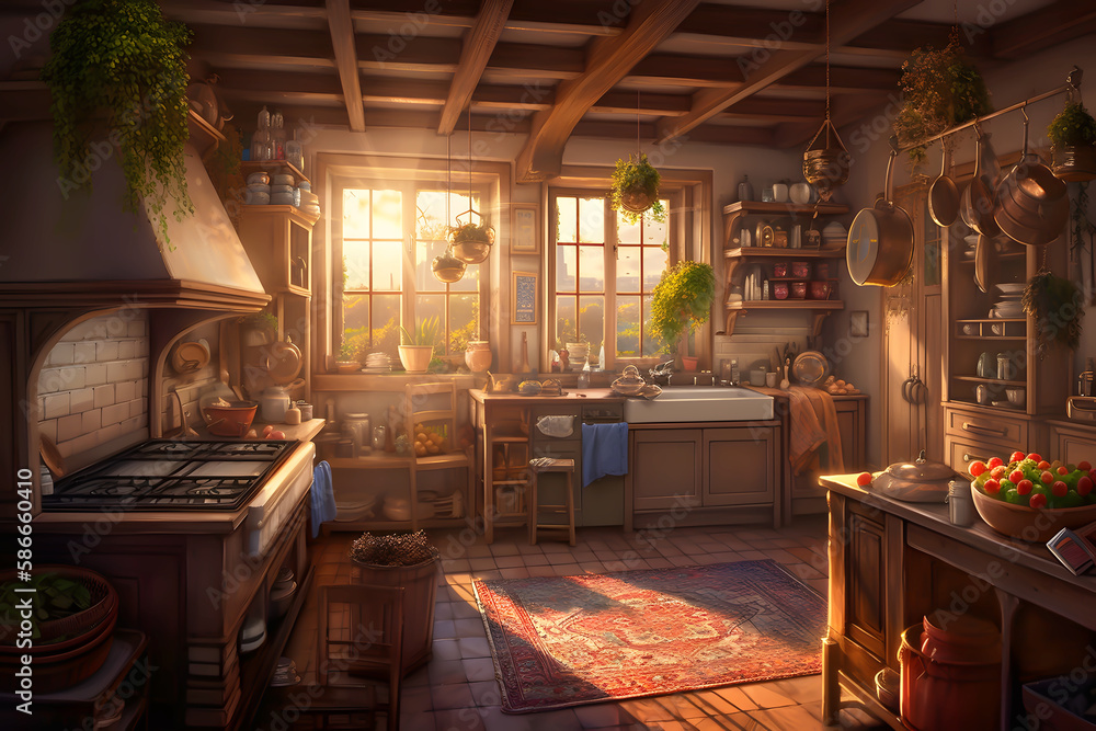 Interior of an Italian kitchen with sunlight shining in, generative AI Interior of an Italian kitchen with sunlight shining in, generative AI