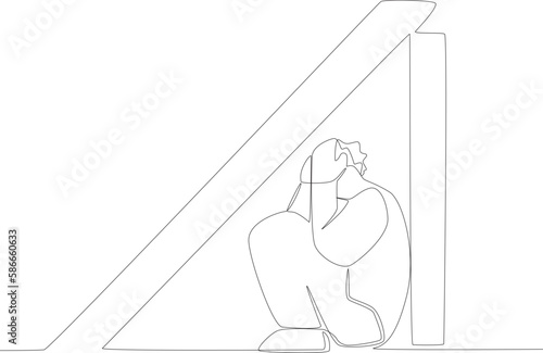 A man taking cover from a fallen pillar. Earthquake one-line drawing photo