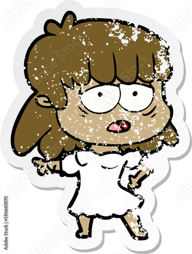 distressed sticker of a cartoon tired woman