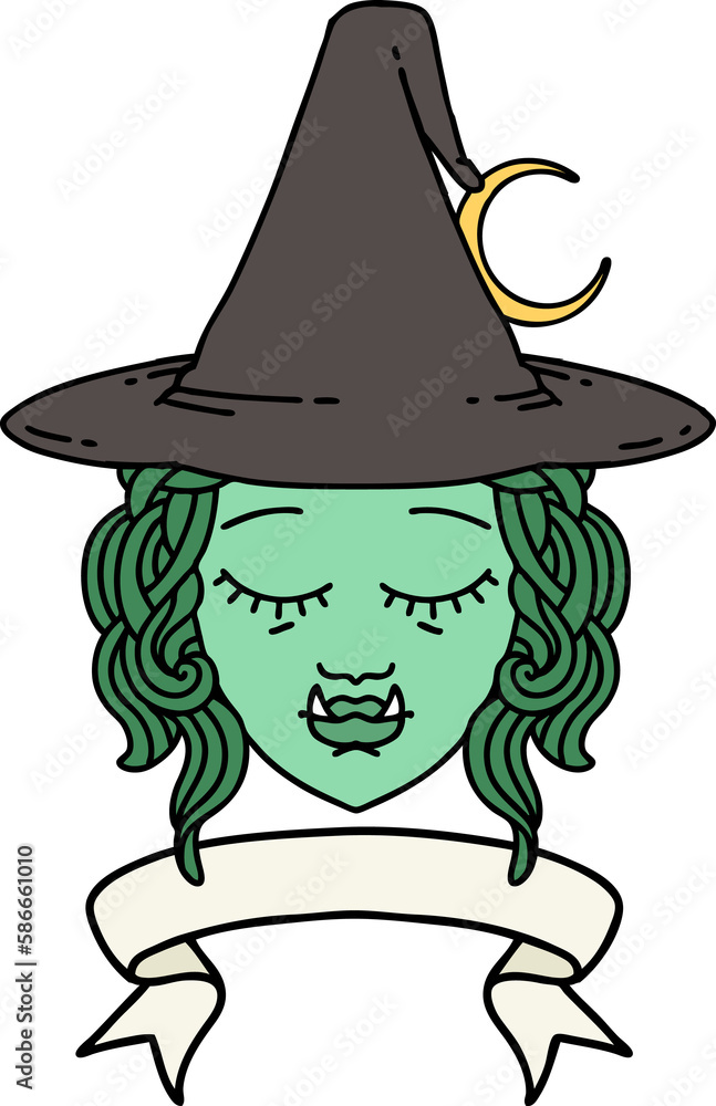 half orc witch character face with banner illustration half orc witch character face with banner illustration