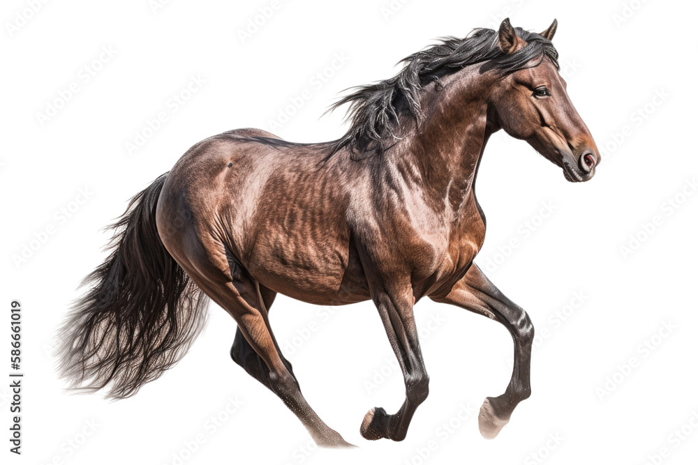 Fototapeta premium an equestrian-themed photographic illustration of a white horse mustang stallion colt rearing, jumping, and running on a transparent background in PNG. T-shirt design. Generative AI