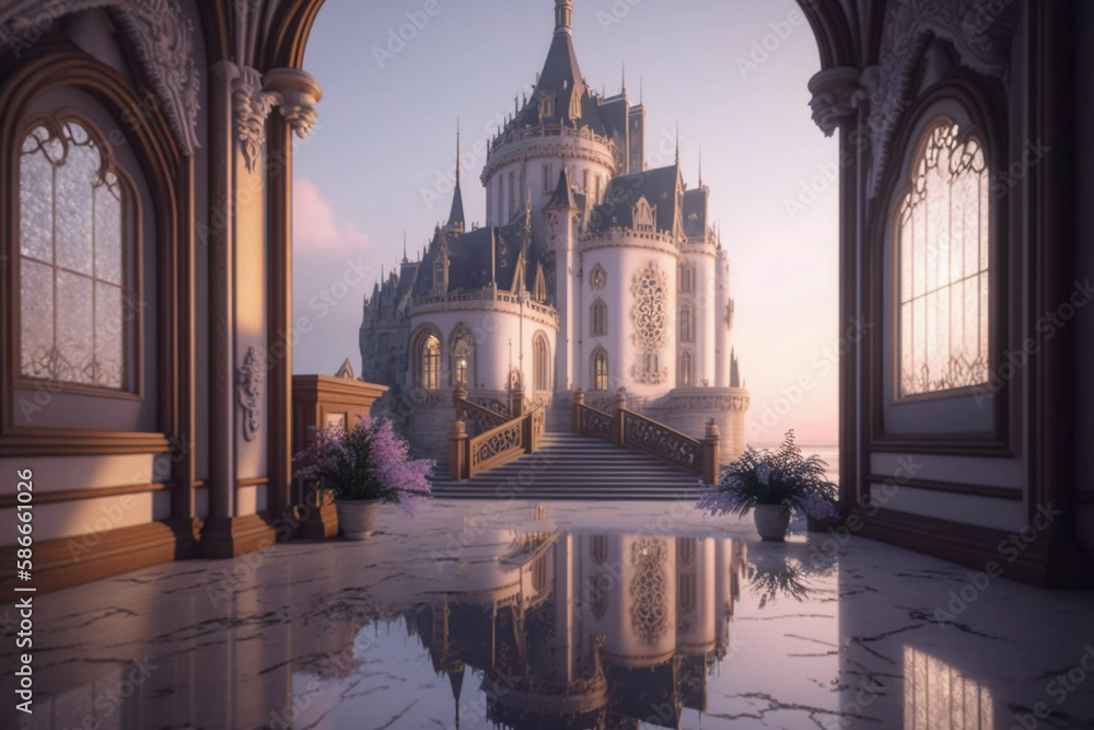 Interior of fairy bedroom of princess overlooking the royal castle with ...