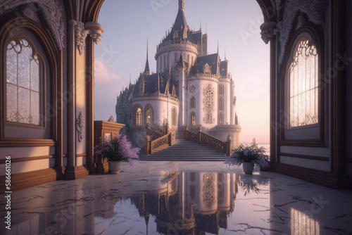 Interior of fairy bedroom of princess overlooking the royal castle with towers in the morning time, Generative AI. Fantasy pretty art can be use as backdrop for photo editing