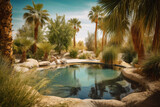 summer time pool. beautiful desert landscaping, palm trees, generative ai 