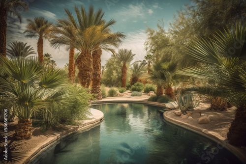 summer time pool. beautiful desert landscaping, palm trees, generative ai  © pa-ka