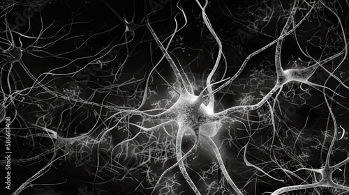 A Striking Black-and-White Illustration of Nerve Cells Connecting in the Brain, Generative AI © AIGen