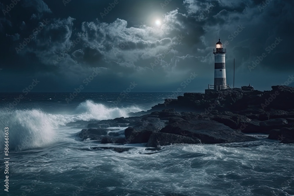 Striking Lighthouse Beacon Amidst the Darkening Sea at Night: Captivating Ocean Landscape of Turbulent Storm Waves and a Majestic Full Moon: Generative AI