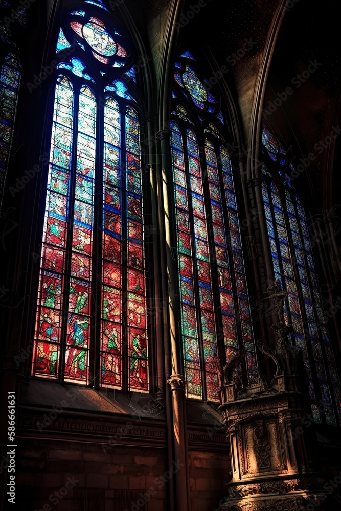 Twilight Magic: Dim Light Shines Through Gothic Church Window to Create Fantasy Scene, Generative AI