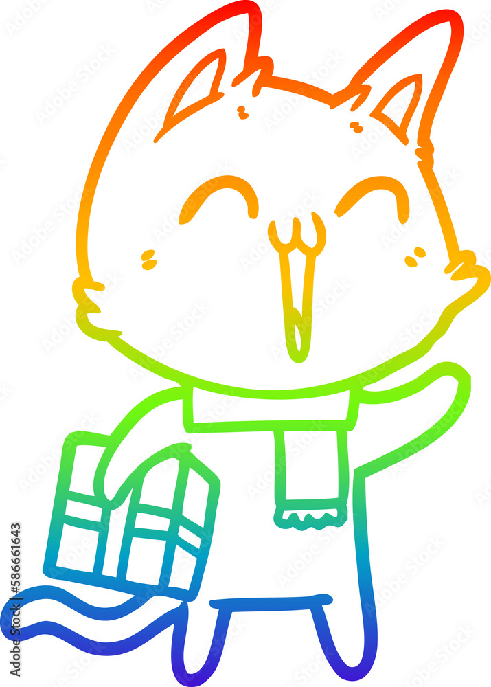rainbow gradient line drawing happy cartoon cat with christmas gift rainbow gradient line drawing happy cartoon cat with christmas gift