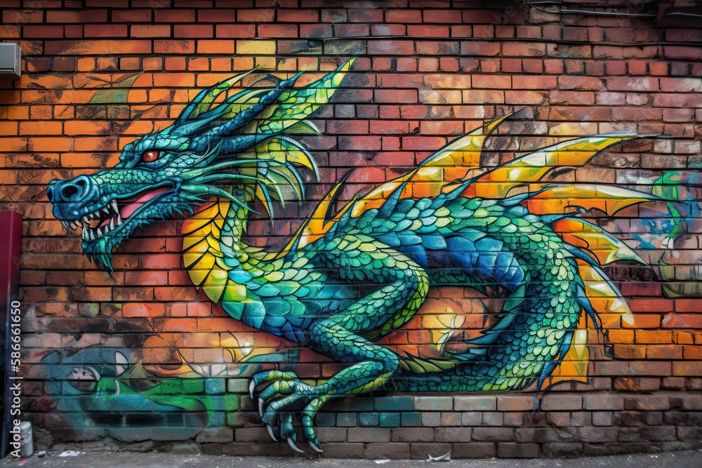 Vibrant Fantasy of Ancient Culture: An Urban Dragon Graffiti Art Decorating a Brick Wall. Generative AI