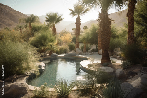 summer time pool. beautiful desert landscaping  palm trees  generative ai 