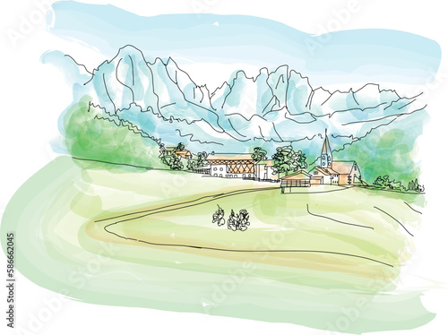 Dolomite Alps. Napure Background. Santa Maddalena village in front of the Geisler or Odle Dolomites Group, Italy, Europe. vector illustration for calendar, travel magazine, post cards